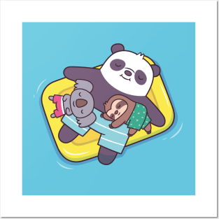 Cute Koala, Sloth and Panda Chilling on Pool Float Posters and Art